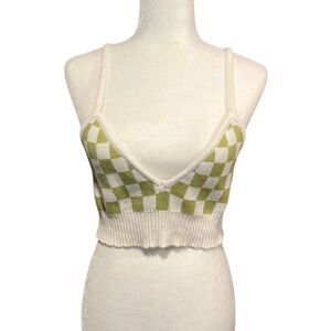 Kendall & Kylie green and white checked knit spaghetti strap cropped tank - S
